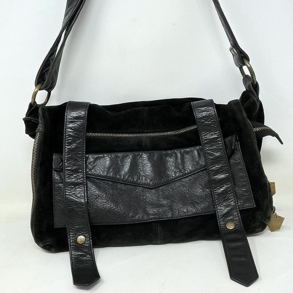 Dark Matter Leather and‎ Suede Hobo Belt Messenger Bag Purse Black Moto